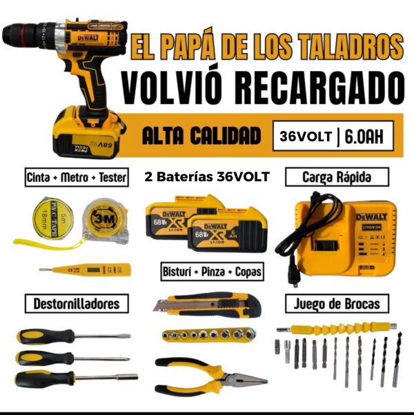 Taladro Dewalt Titan 36V – 2 Baterías Inalámbricas + 34 Accesorios (REGALO) (PAGO CONTRA ENTREGA)